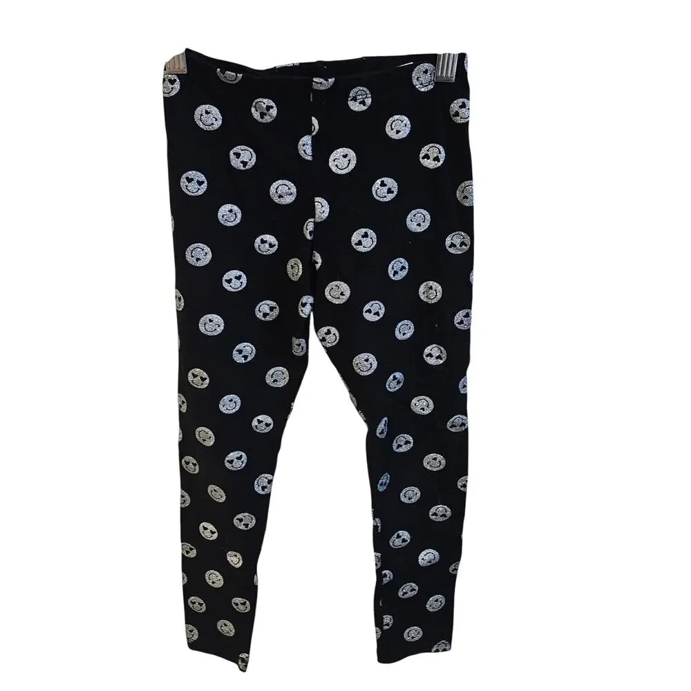 Children's Place Size M 7/8 Leggings Black Silver Smiley Faces Emoji Sparkle